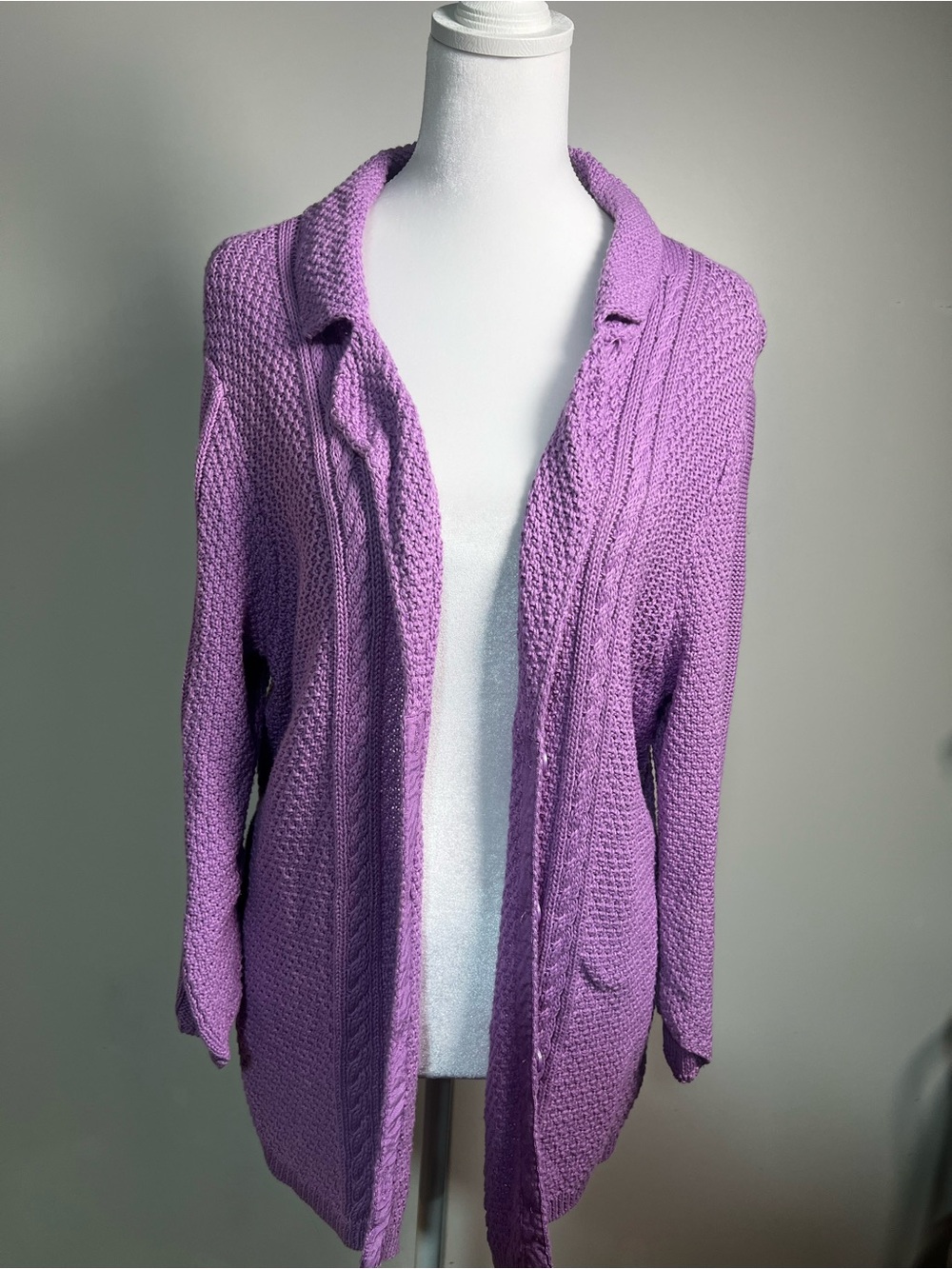 Open-Front Lavender Knit Cardigan with Collar